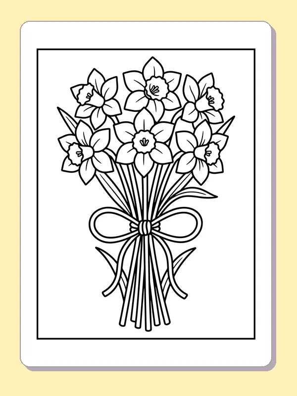 Black and white printable daffodils tied with a ribbon coloring sheet