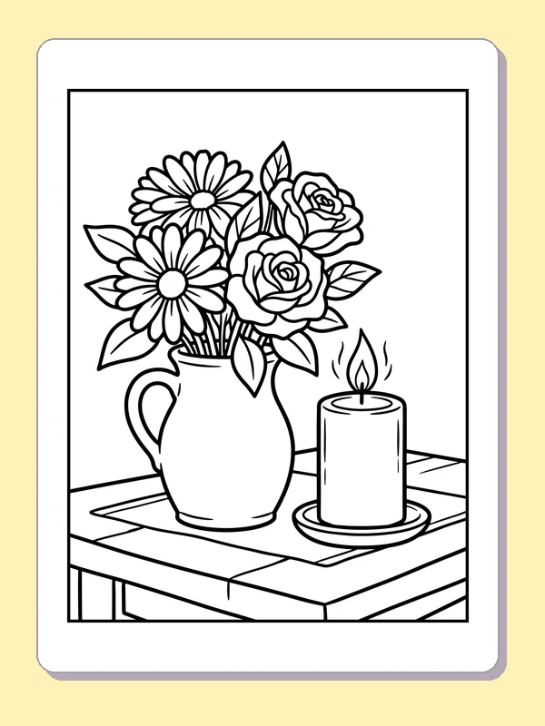 Black and white printable daisies and roses beside a candle coloring sheet