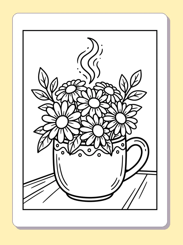 Black and white printable daisies blooming from a mug coloring sheet
