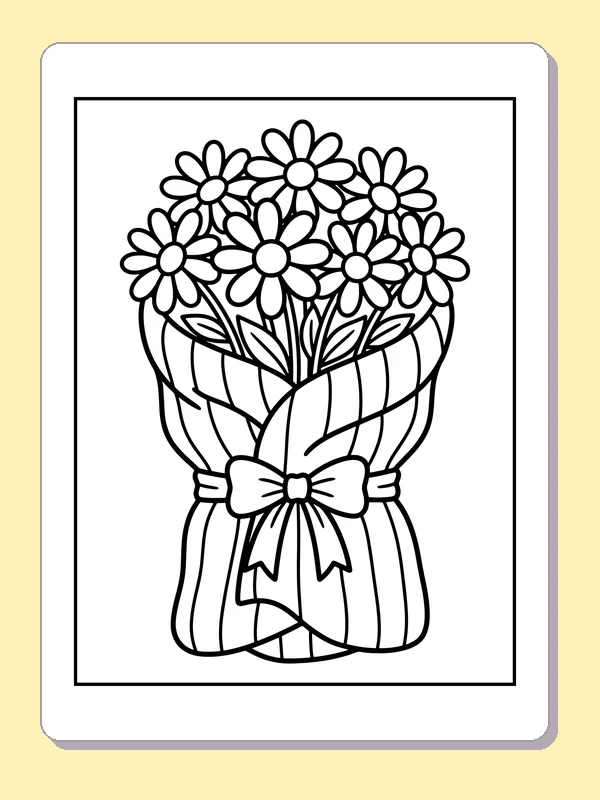 Black and white printable daisy bouquet with a bow coloring sheet