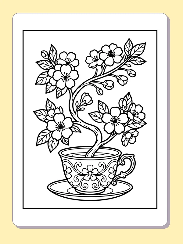 Black and white printable flowering branch in a teacup coloring sheet