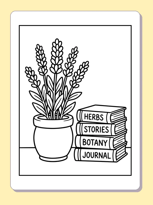 Black and white printable lavender beside a stack of books coloring sheet