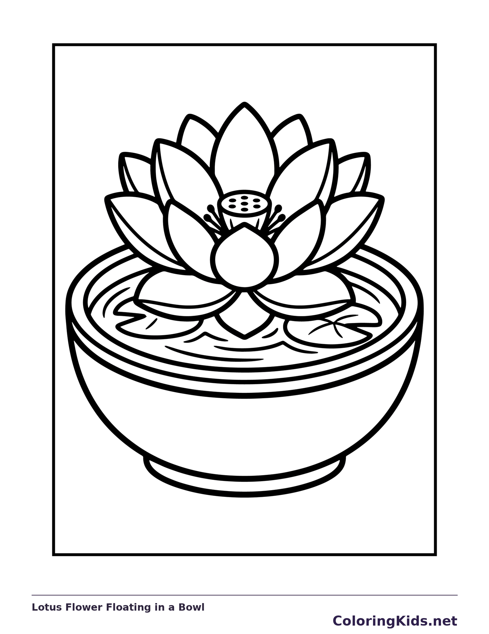 Black and white printable lotus flower floating in a bowl coloring sheet