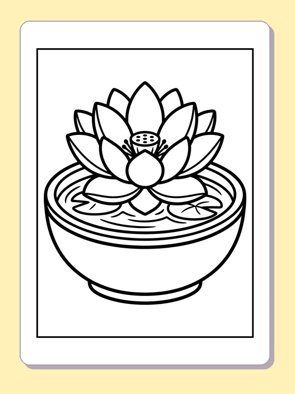 Black and white printable lotus flower floating in a bowl coloring sheet