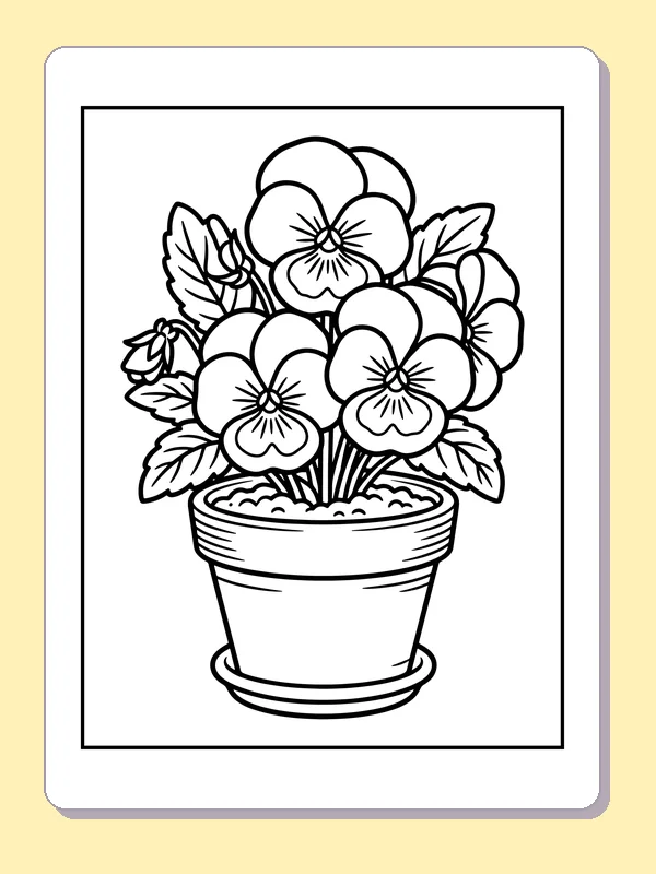 Black and white printable pansies in a garden pot coloring sheet