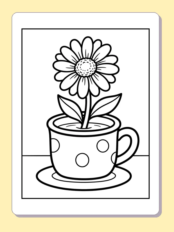 Black and white printable single daisy in a polka-dot cup coloring sheet