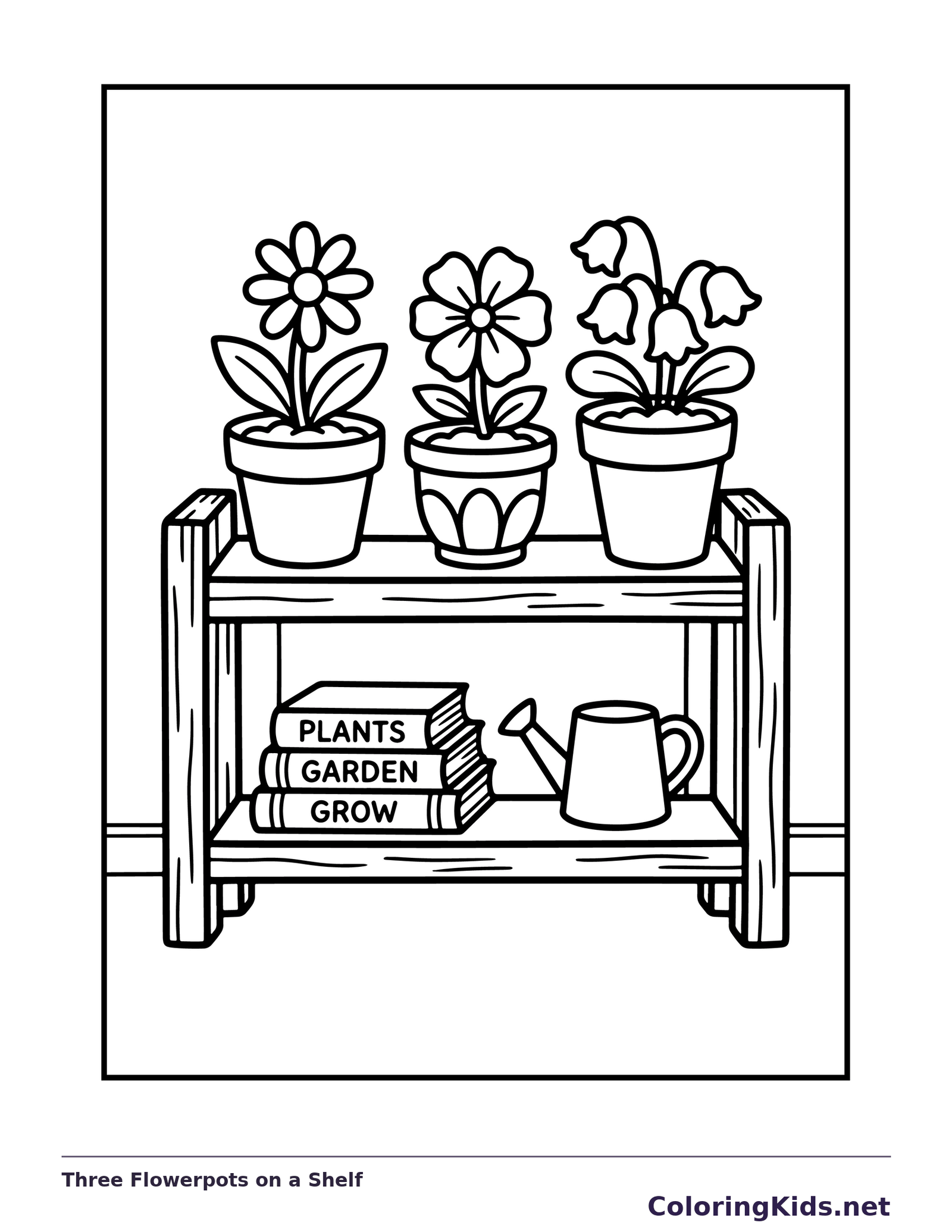 Black and white printable three flowerpots on a shelf coloring sheet