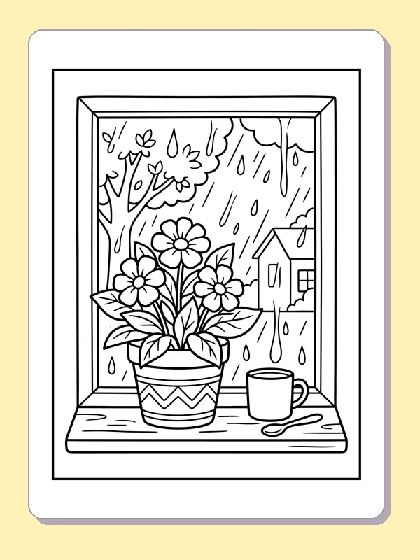 Black and white printable window flowers on a rainy day coloring sheet