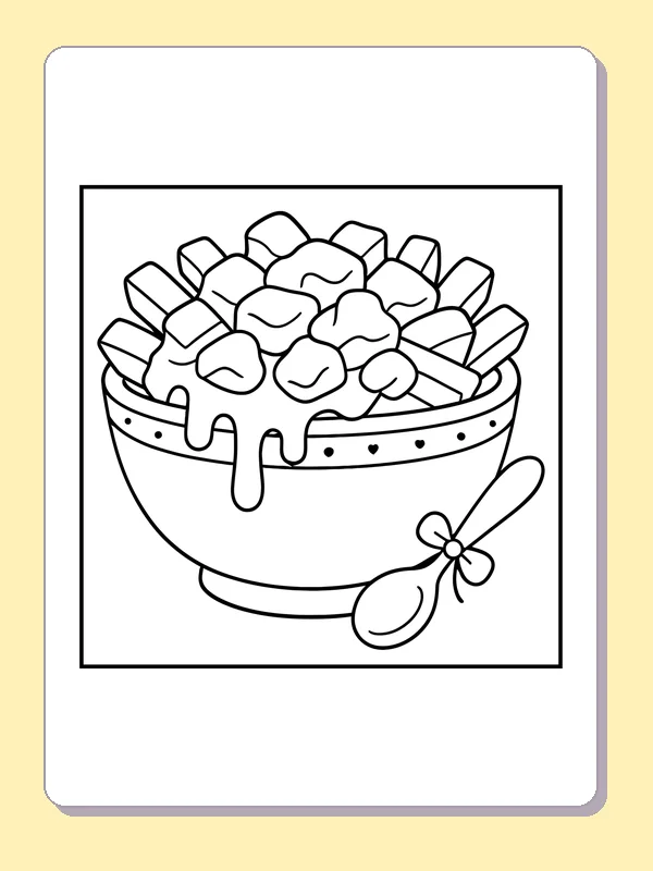 Bowl of Fries and Toppings printable coloring page with black and white outlines showing a bowl is heaped with fries and other chunky toppings beside a spoon