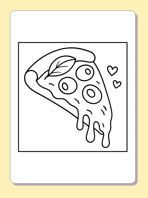 Cheesy Pizza Slice with Hearts printable coloring page with black and white outlines showing a cheesy pizza slice has round toppings and two little hearts beside it