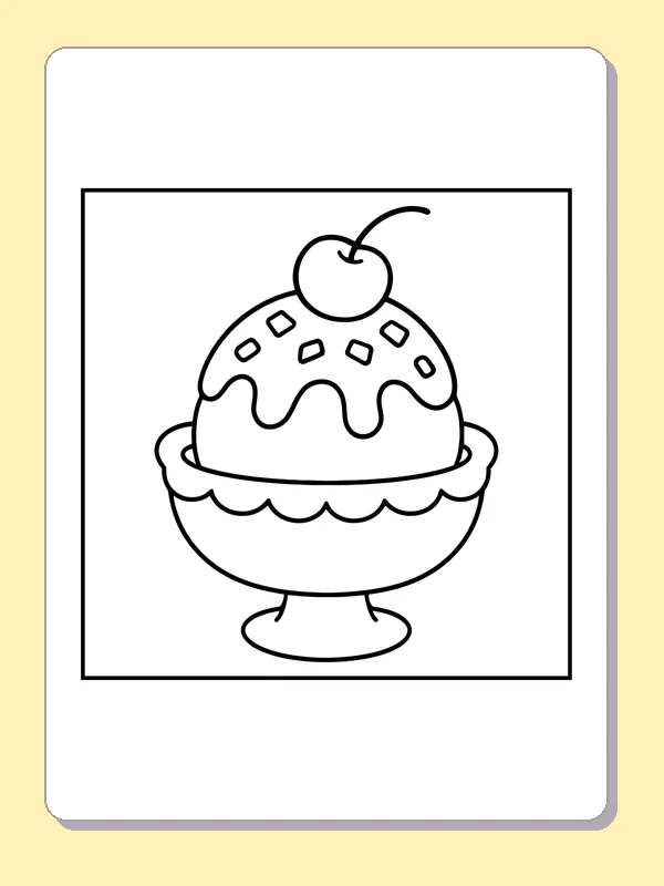 Cherry Ice Cream Sundae printable coloring page with black and white outlines showing a scoop of ice cream sits in a dessert cup with sauce, sprinkles and a cherry
