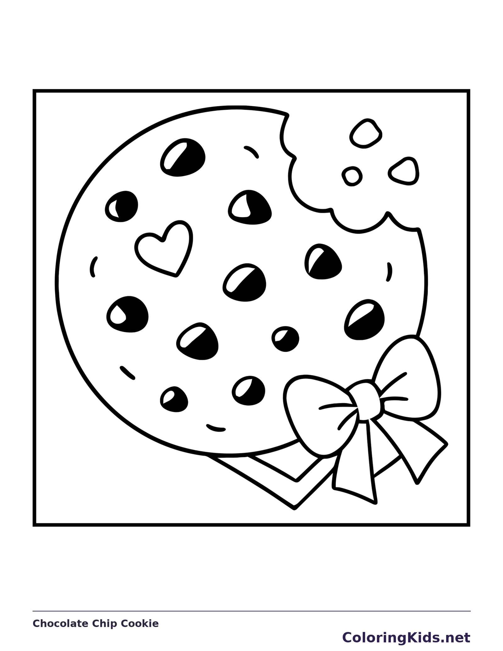 Chocolate Chip Cookie printable coloring page with black and white outlines showing one large cookie has a bite missing, scattered chips and a small bow