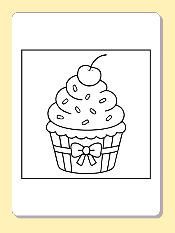 Cupcake with a Cherry printable coloring page with black and white outlines showing a cupcake has a high swirl of frosting, sprinkles, a cherry and a bow on its wrapper