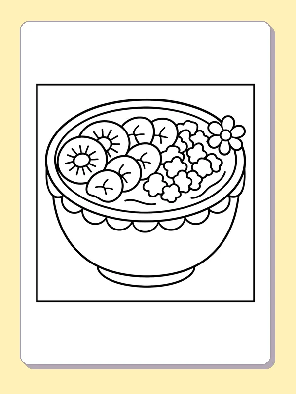 Bowl of Round Slices and Florets printable coloring page with black and white outlines showing a bowl holds round cut slices and clustered florets, with a flower tucked at the rim