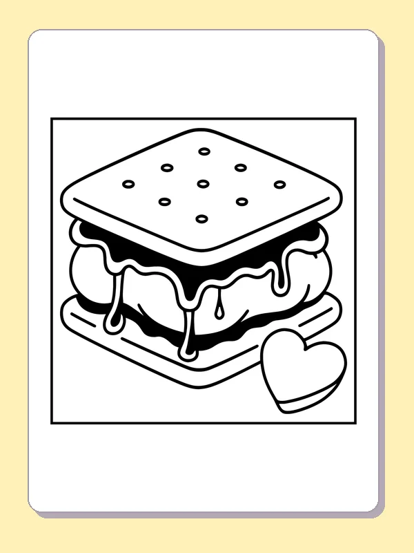 Stacked S’more Sandwich printable coloring page with black and white outlines showing a thick s’more shows crackers, chocolate and melting marshmallow in cross-section