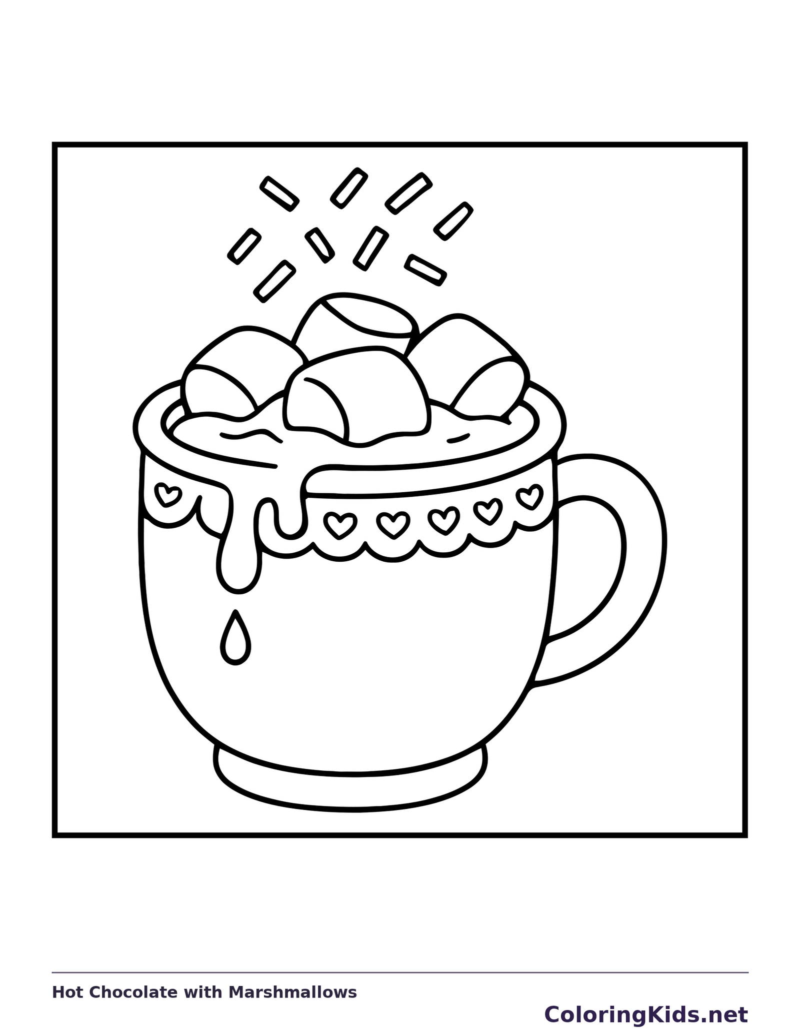 Hot Chocolate with Marshmallows printable coloring page with black and white outlines showing marshmallows pile above a decorated mug of hot chocolate