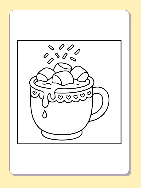 Hot Chocolate with Marshmallows printable coloring page with black and white outlines showing marshmallows pile above a decorated mug of hot chocolate