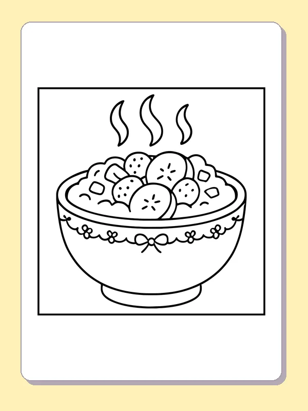 Steaming Bowl with Round Toppings printable coloring page with black and white outlines showing a warm bowl is filled with rounded pieces and small garnish shapes, with flowers along its rim