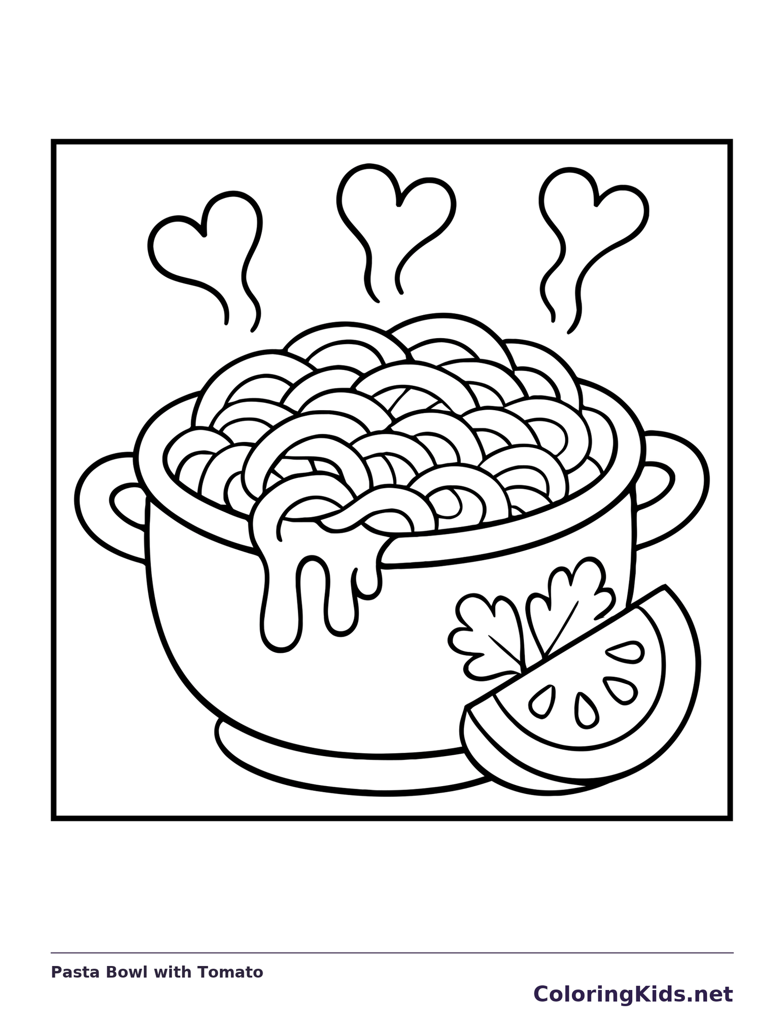 Pasta Bowl with Tomato printable coloring page with black and white outlines showing noodles overlap in a handled bowl beside a tomato slice and leafy garnish
