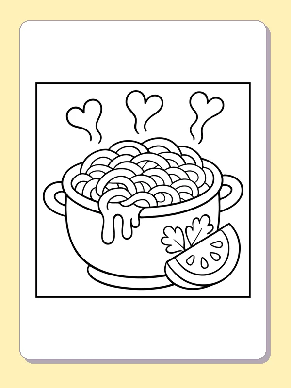 Pasta Bowl with Tomato printable coloring page with black and white outlines showing noodles overlap in a handled bowl beside a tomato slice and leafy garnish