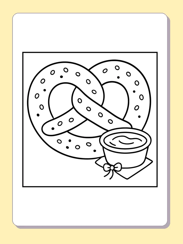 Pretzel with a Dipping Cup printable coloring page with black and white outlines showing a large pretzel loops around itself beside a little dipping cup