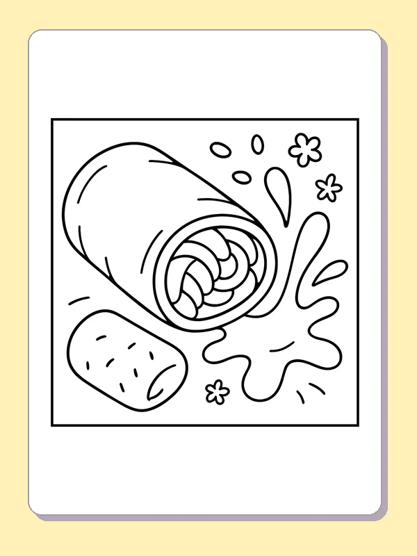 Rolled Pastry with Sauce printable coloring page with black and white outlines showing a rolled pastry opens to show a spiral filling beside a small dipping piece and splash of sauce