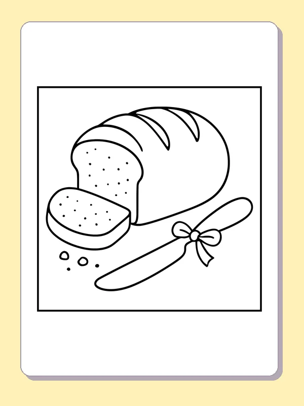 Sliced Loaf of Bread printable coloring page with black and white outlines showing a loaf, one cut slice and a tied knife rest on an open page