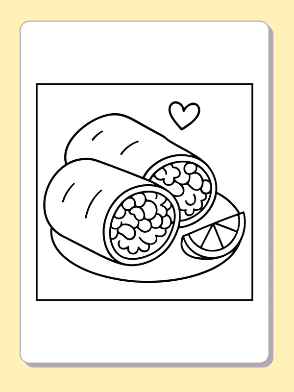 Two Stuffed Burritos with Lime printable coloring page with black and white outlines showing two cut burritos show crowded fillings on a plate beside a lime wedge