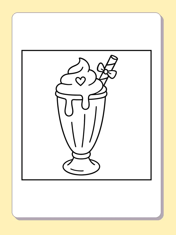 Tall Milkshake with a Straw printable coloring page with black and white outlines showing a tall milkshake has a whipped top, heart, straw and drips down the glass