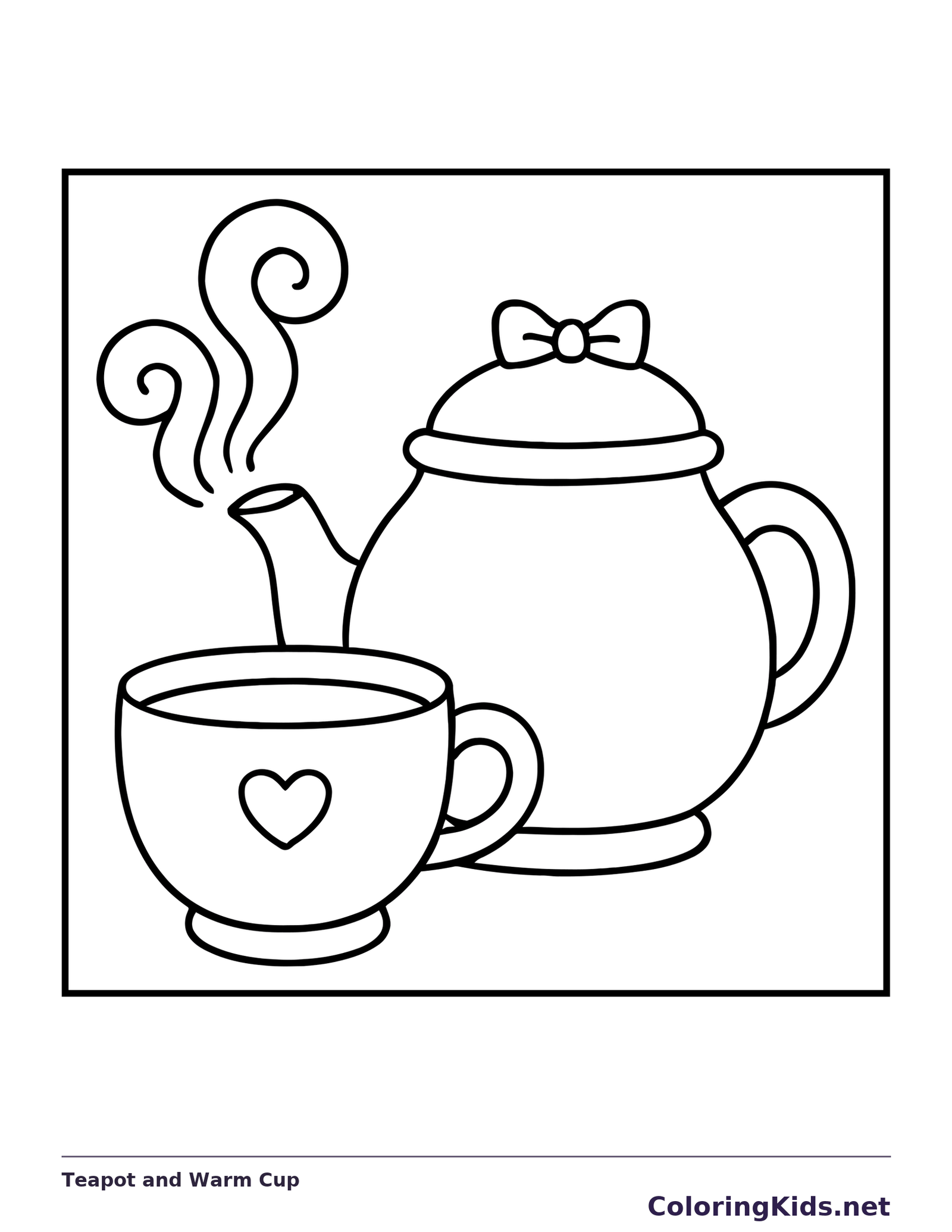 Teapot and Warm Cup printable coloring page with black and white outlines showing a teapot pours into a small cup marked with a heart