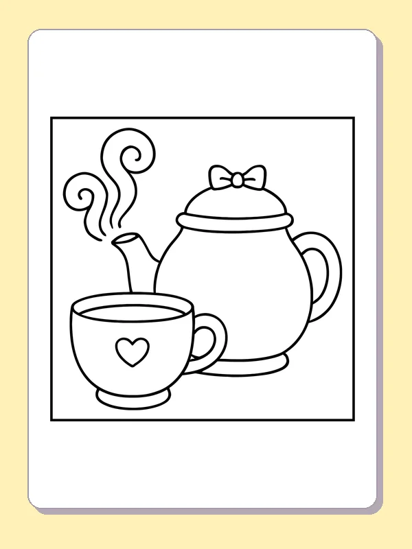 Teapot and Warm Cup printable coloring page with black and white outlines showing a teapot pours into a small cup marked with a heart
