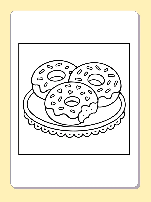 Three Iced Donuts printable coloring page with black and white outlines showing three donuts overlap on a plate, each with icing and small sprinkle marks