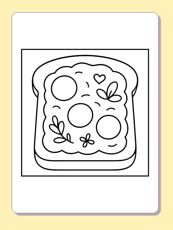 Decorated Toast with Round Toppings printable coloring page with black and white outlines showing a slice of toast carries two round toppings, leaves and a heart-shaped detail