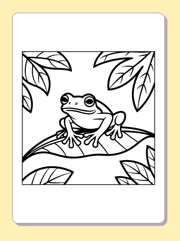 Black and white printable frog sitting on a tropical leaf coloring sheet