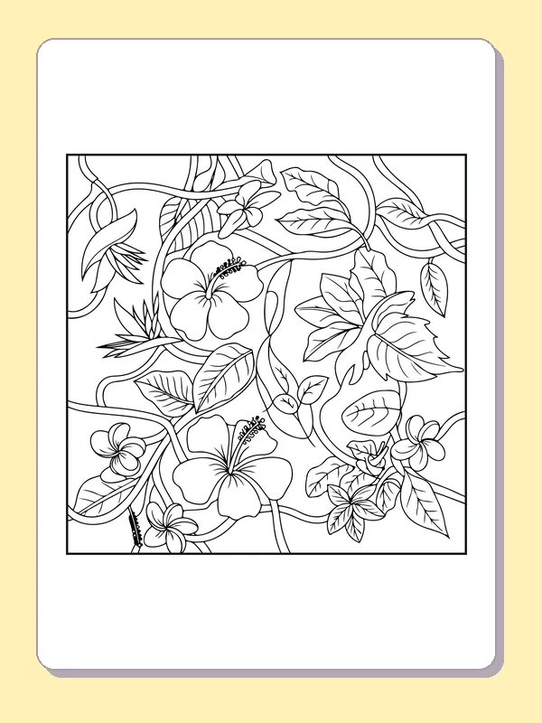 Black and white printable hibiscus flowers beside a woodland pool coloring sheet