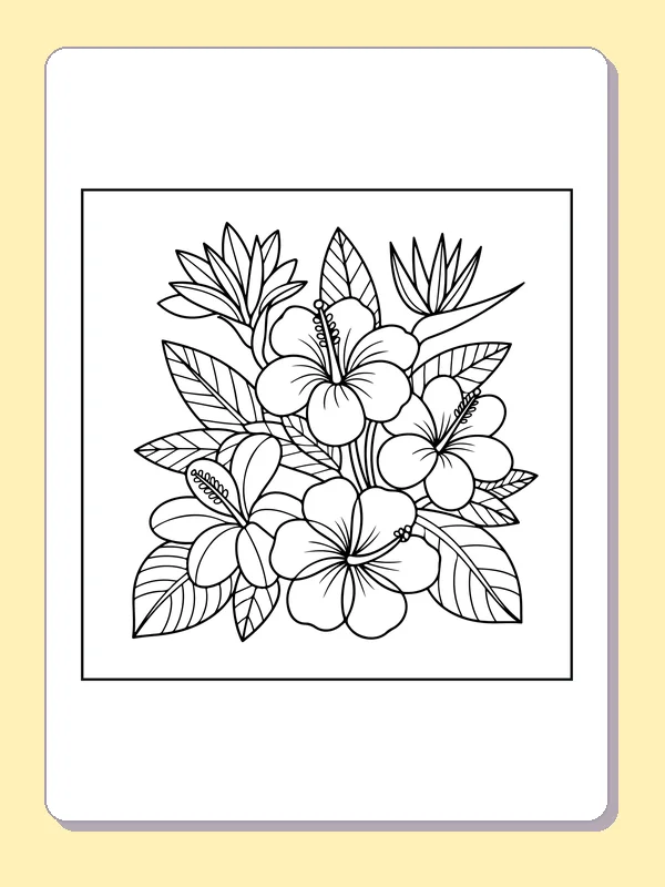 Black and white printable large hibiscus blossom with leaves coloring sheet