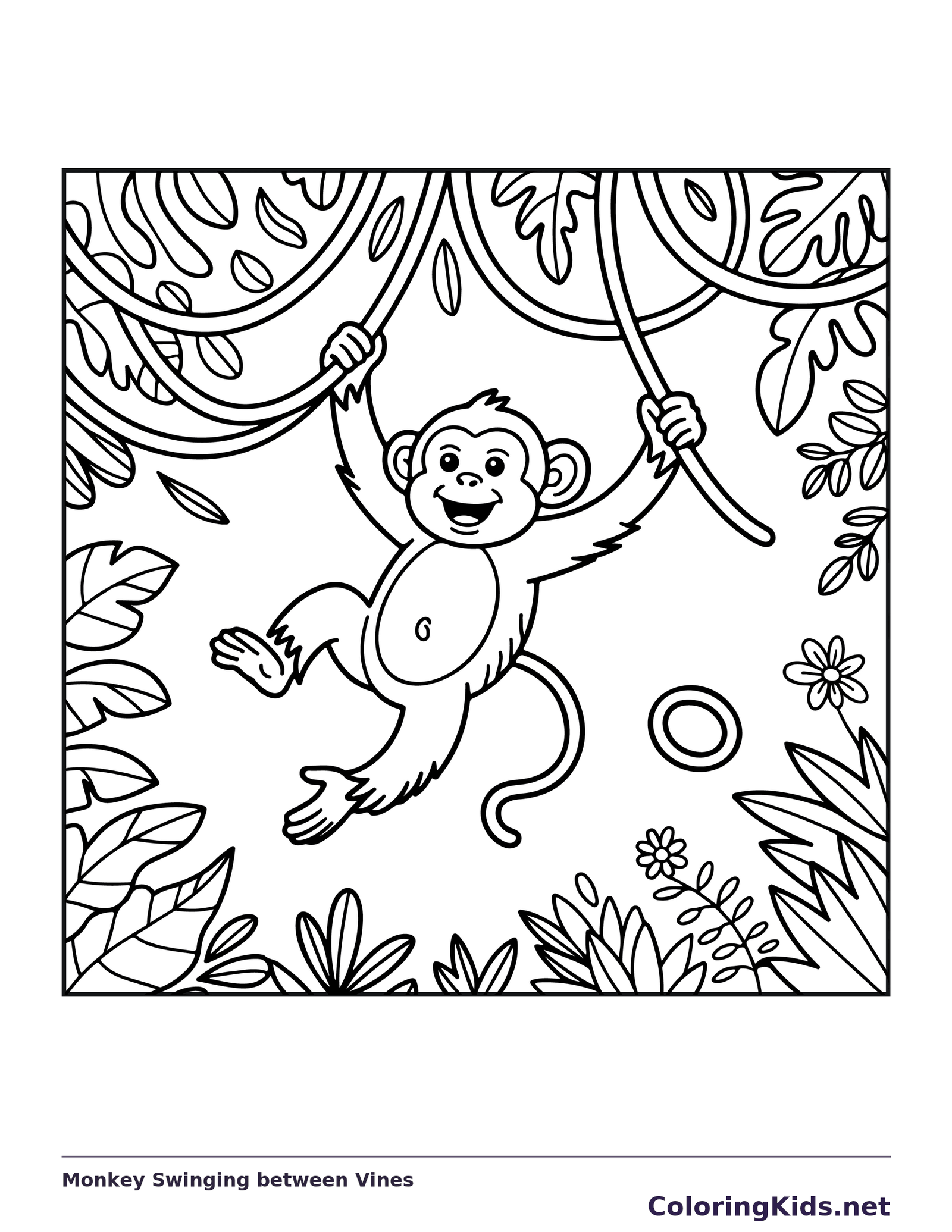Black and white printable monkey swinging between vines coloring sheet