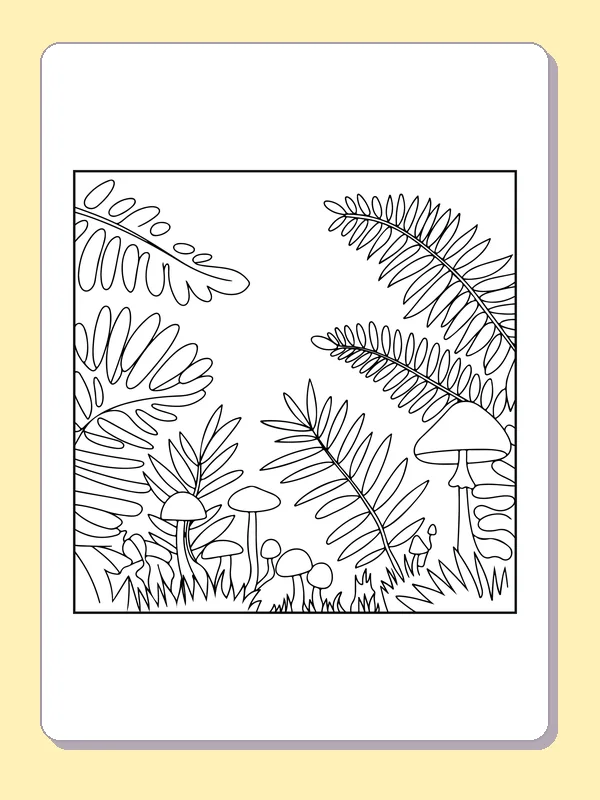 Black and white printable mushrooms beneath layered ferns coloring sheet