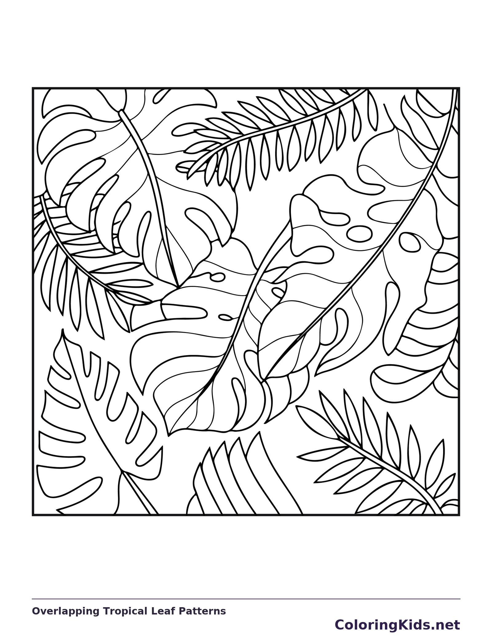 Black and white printable overlapping tropical leaf patterns coloring sheet