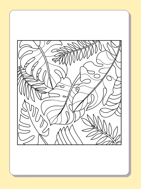 Black and white printable overlapping tropical leaf patterns coloring sheet