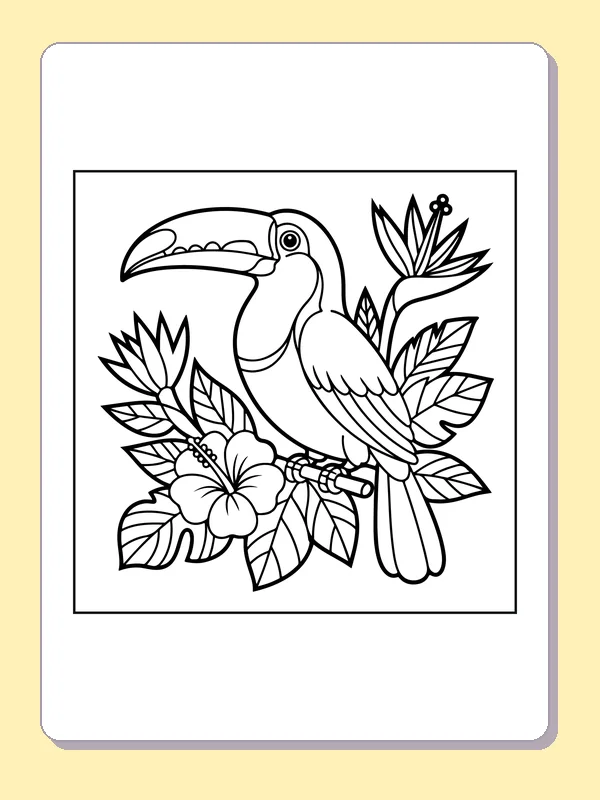 Black and white printable toucan among tropical flowers coloring sheet