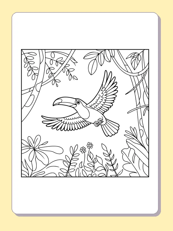Black and white printable toucan flying through forest vines coloring sheet