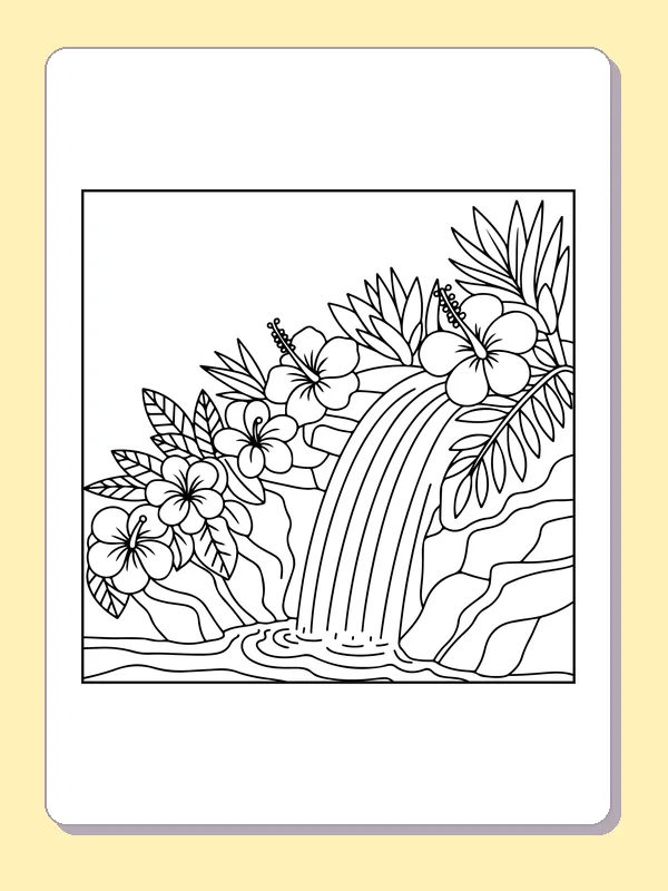 Black and white printable waterfall framed by hibiscus coloring sheet