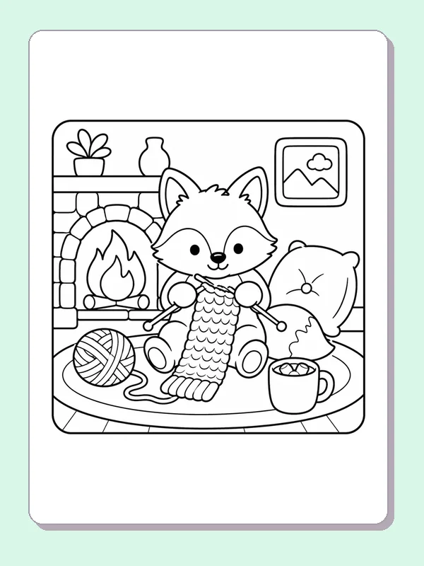 Fox knitting a long stitched scarf beside yarn and a mug at the fireplace