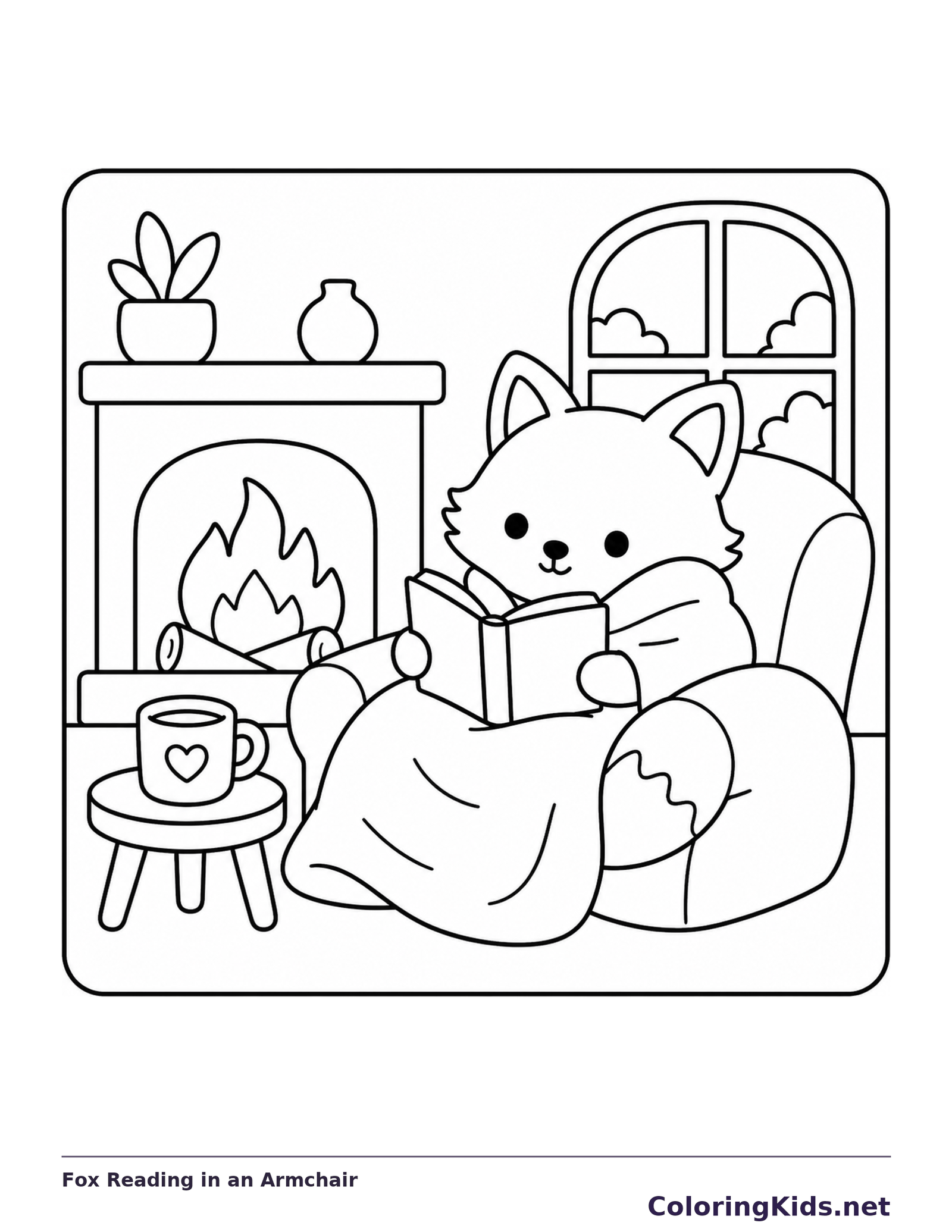 Fox reading in an armchair under a blanket beside a fireplace and window