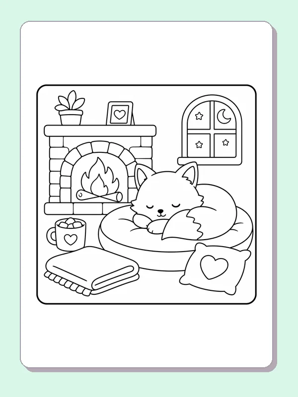 Fox resting on a cushion beside a heart pillow and night window