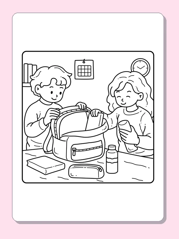 Black and white friend helping pack a school bag coloring page
