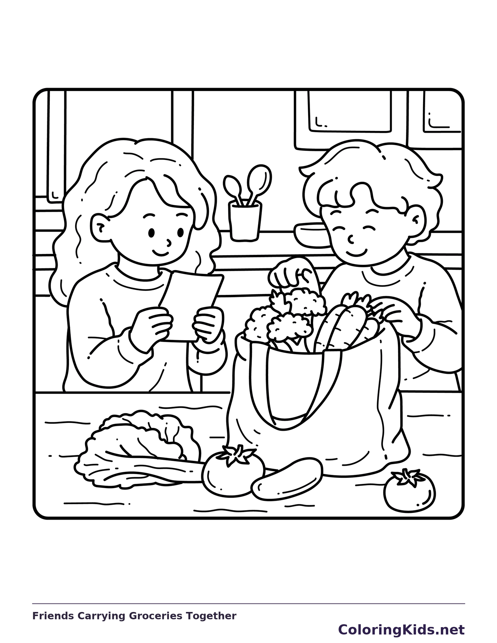 Black and white friends carrying groceries together coloring page