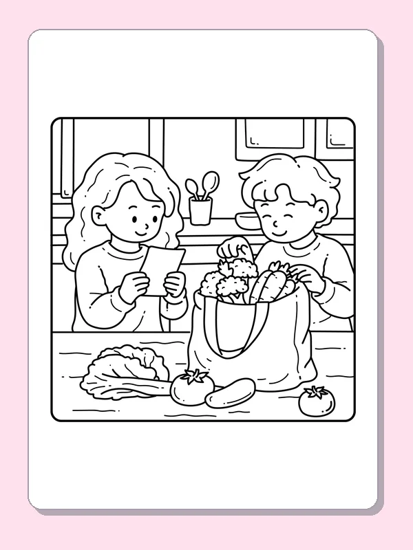 Black and white friends carrying groceries together coloring page