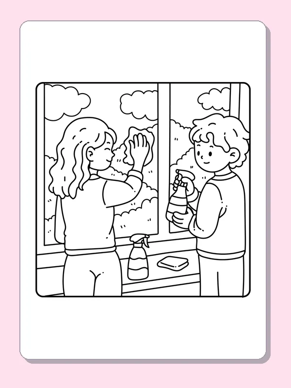 Black and white friends cleaning a window coloring page